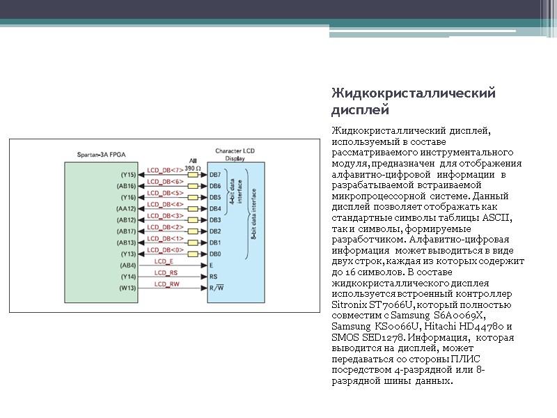 Жидкокристаллический дисплей Жидкокристаллический дисплей, используемый в составе рассматриваемого инструментального модуля, предназначен для отображения алфавитно-цифровой Жидкокристаллический дисплей Жидкокристаллический дисплей, используемый в составе рассматриваемого инструментального модуля, предназначен для отображения алфавитно-цифровой